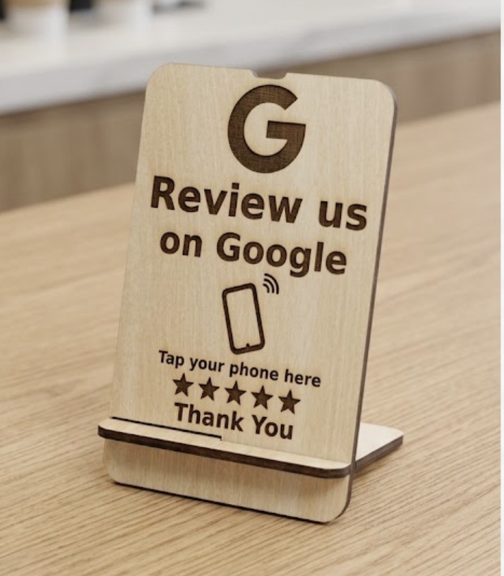 Laser-engraved basswood NFC stand engraved with Review us on Google